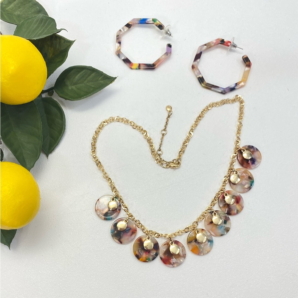 Rainbow Tortoiseshell NWOT Hexagon Hoop Earrings Gold Necklace Bundle Colorful